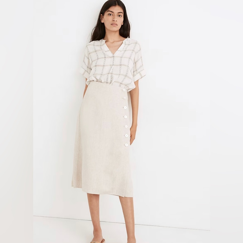 Madewell Undyed Linen-Blend Side-Button Midi Skirt